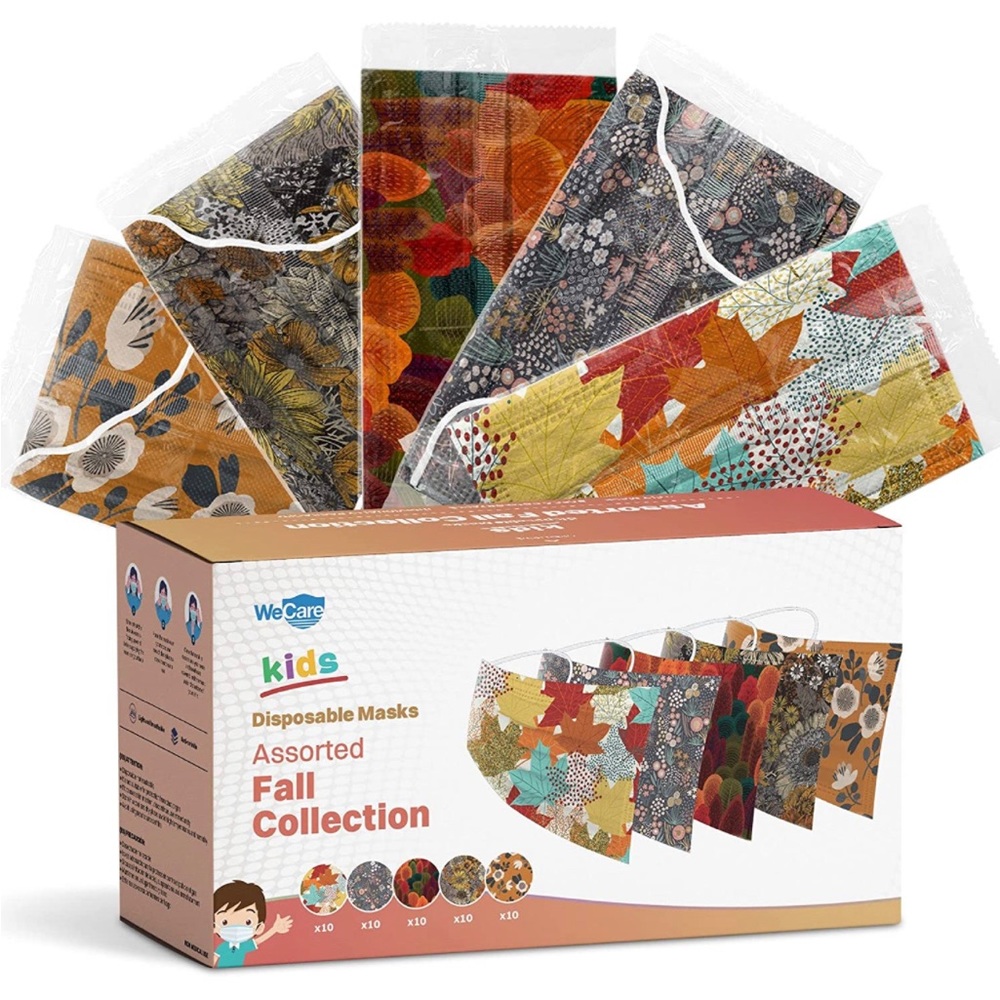 50 Pcs Fall Print Disposable Face Mask For Kids, Individually Wrapped